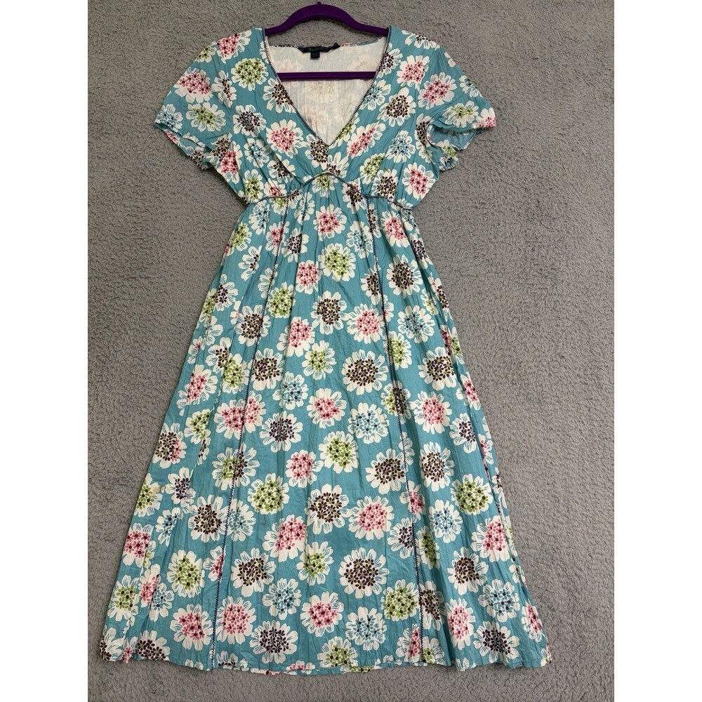 Boden Teal Floral V‑Neck Midi Dress with Pink, White & Green Blooms